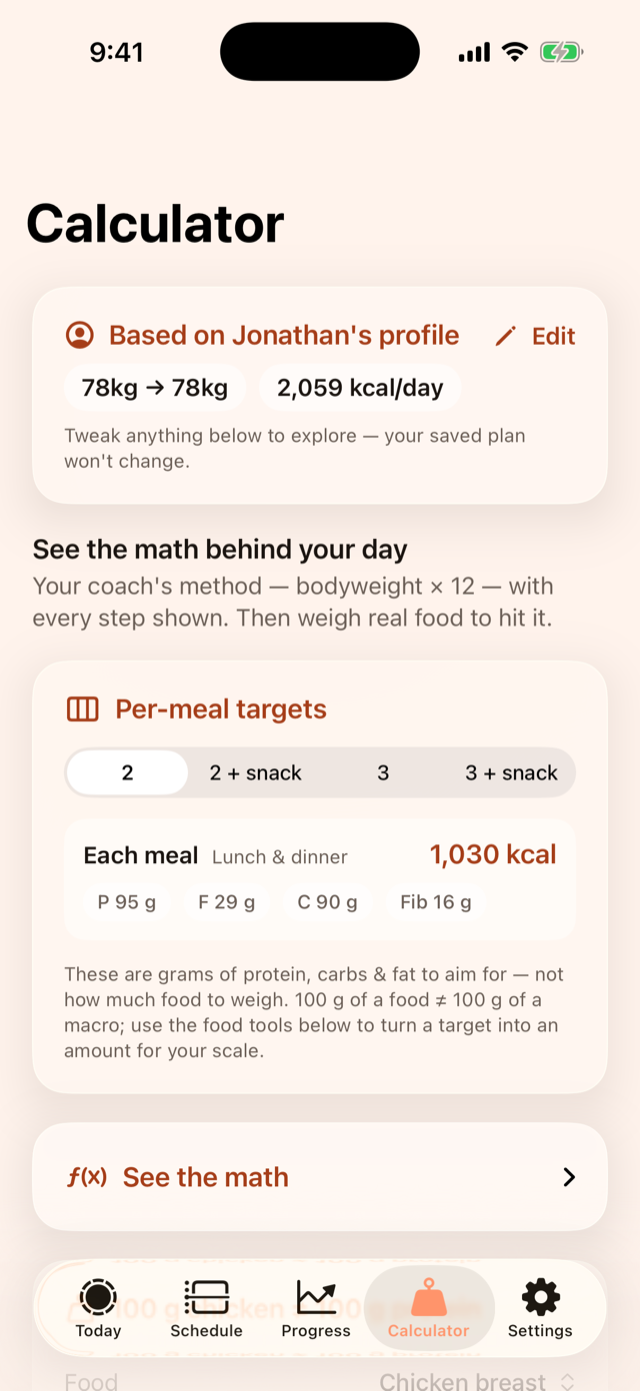 Pacer's calculator — per-meal protein, carbs and fat targets, with a note that food weight is not the same as macro grams