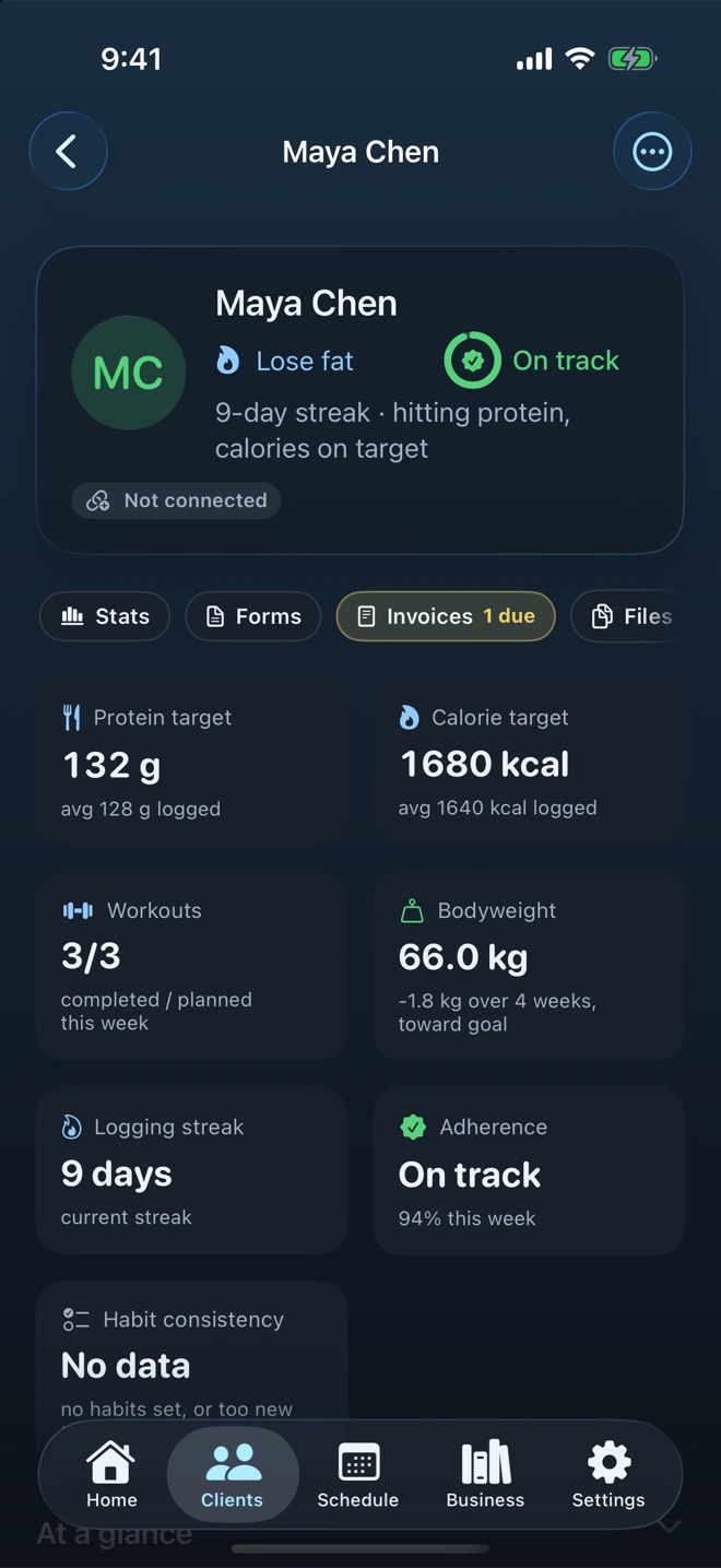 Pacer Coach's client detail screen, showing one client's profile and plan.