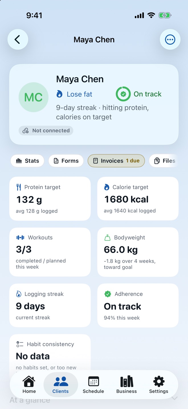 Pacer Coach's client detail screen, showing one client's profile and plan.