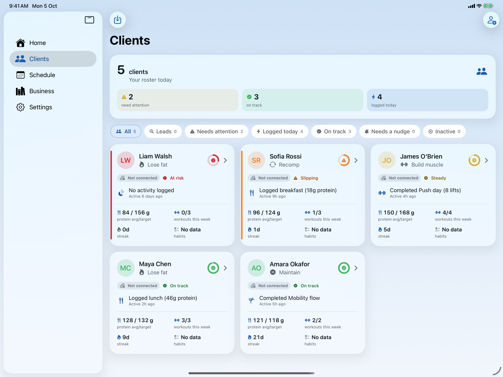 Pacer Coach's Clients screen on an iPad in landscape: the sidebar, a count of five clients and a grid of client cards.
