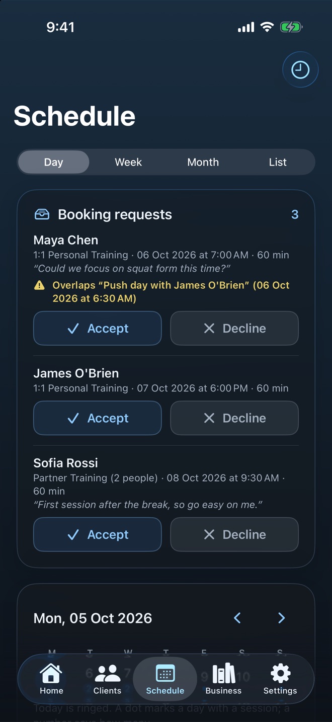 Pacer Coach's schedule screen, showing the week's booked sessions.