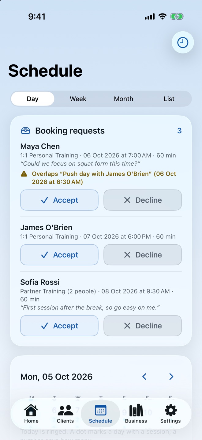 Pacer Coach's schedule screen, showing the week's booked sessions.