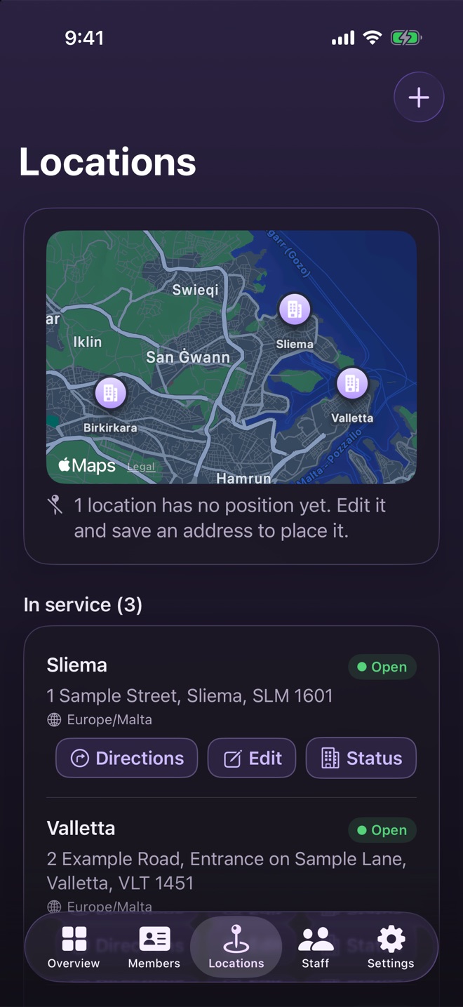 Pacer Gym's Locations screen, with the gym's locations pinned on a map and listed with their addresses and status.