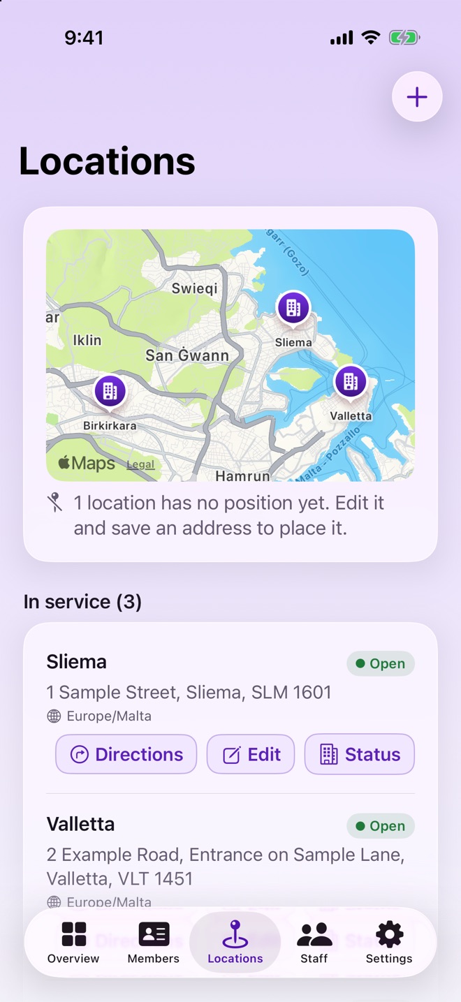 Pacer Gym's Locations screen, with the gym's locations pinned on a map and listed with their addresses and status.