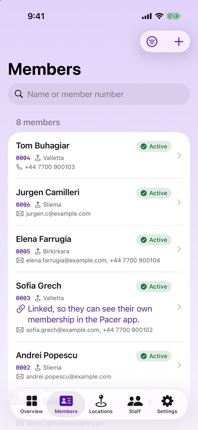 Pacer Gym's Members screen, listing the gym's members with each one's member number, home location and status.