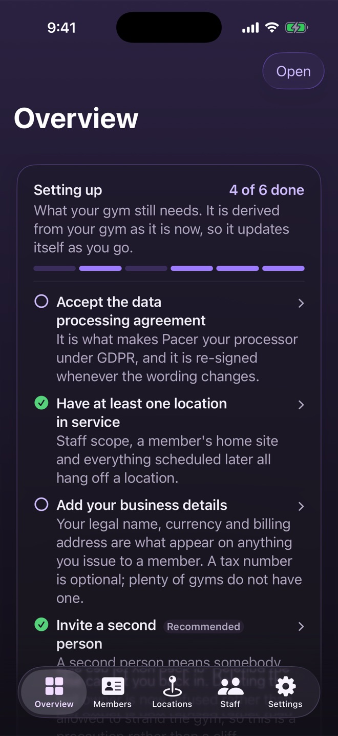 Pacer Gym's Overview screen, showing the gym's setup list with four of its six steps done.