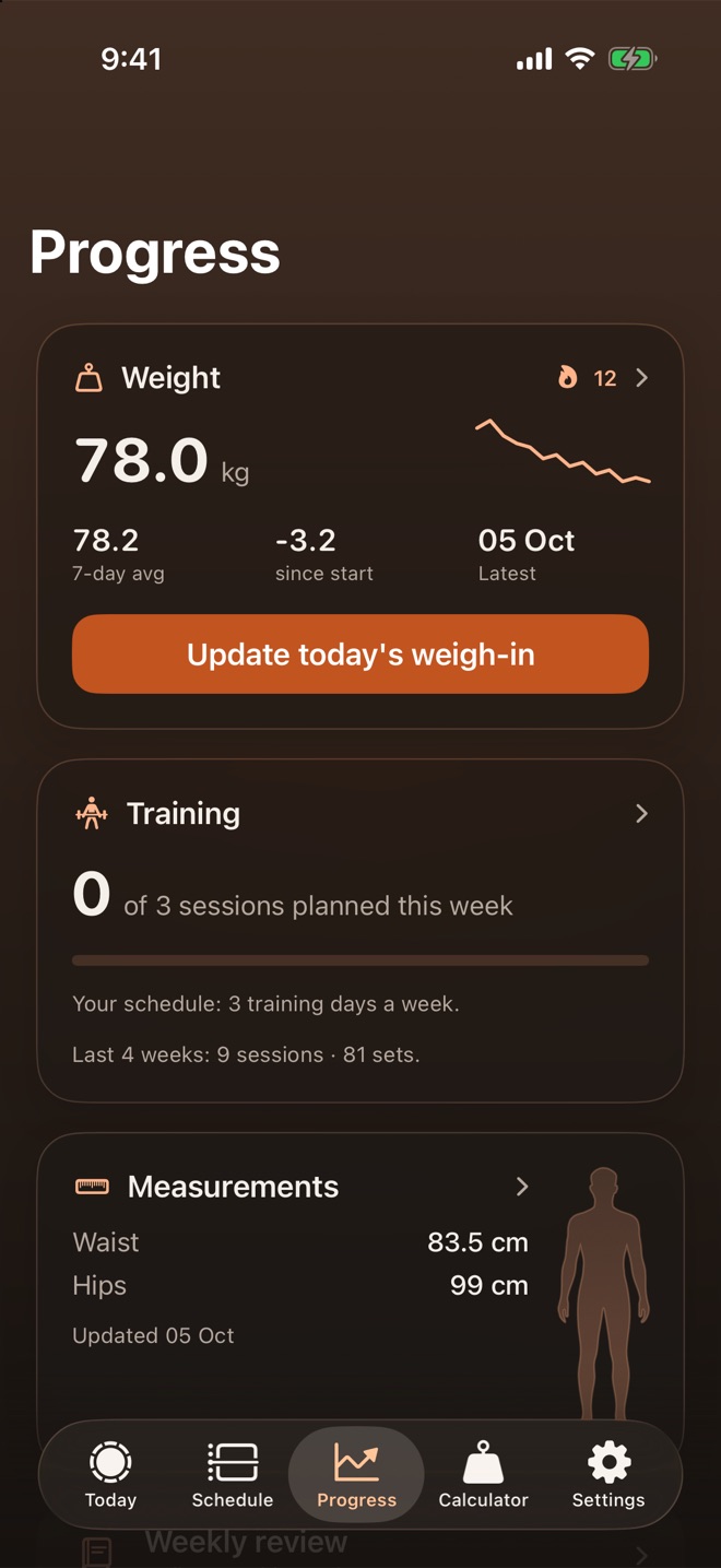 Pacer's Progress screen, with a weight trend, the week's training sessions and body measurements.