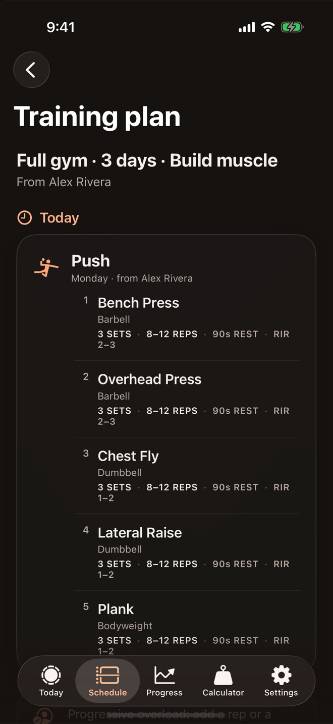 Pacer's Training plan screen, showing a three-day plan from the member's coach, with today as a rest day.