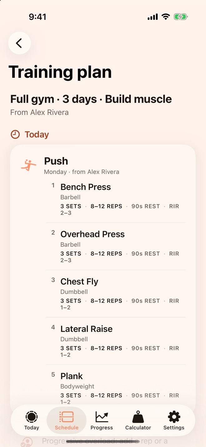 Pacer's Training plan screen, showing a three-day plan from the member's coach, with today as a rest day.