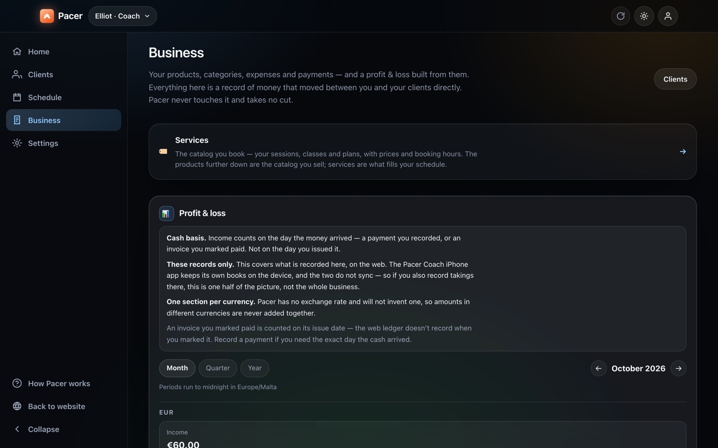 Pacer Coach's Business page on the web: a link to Services and a profit and loss section by month, quarter or year.