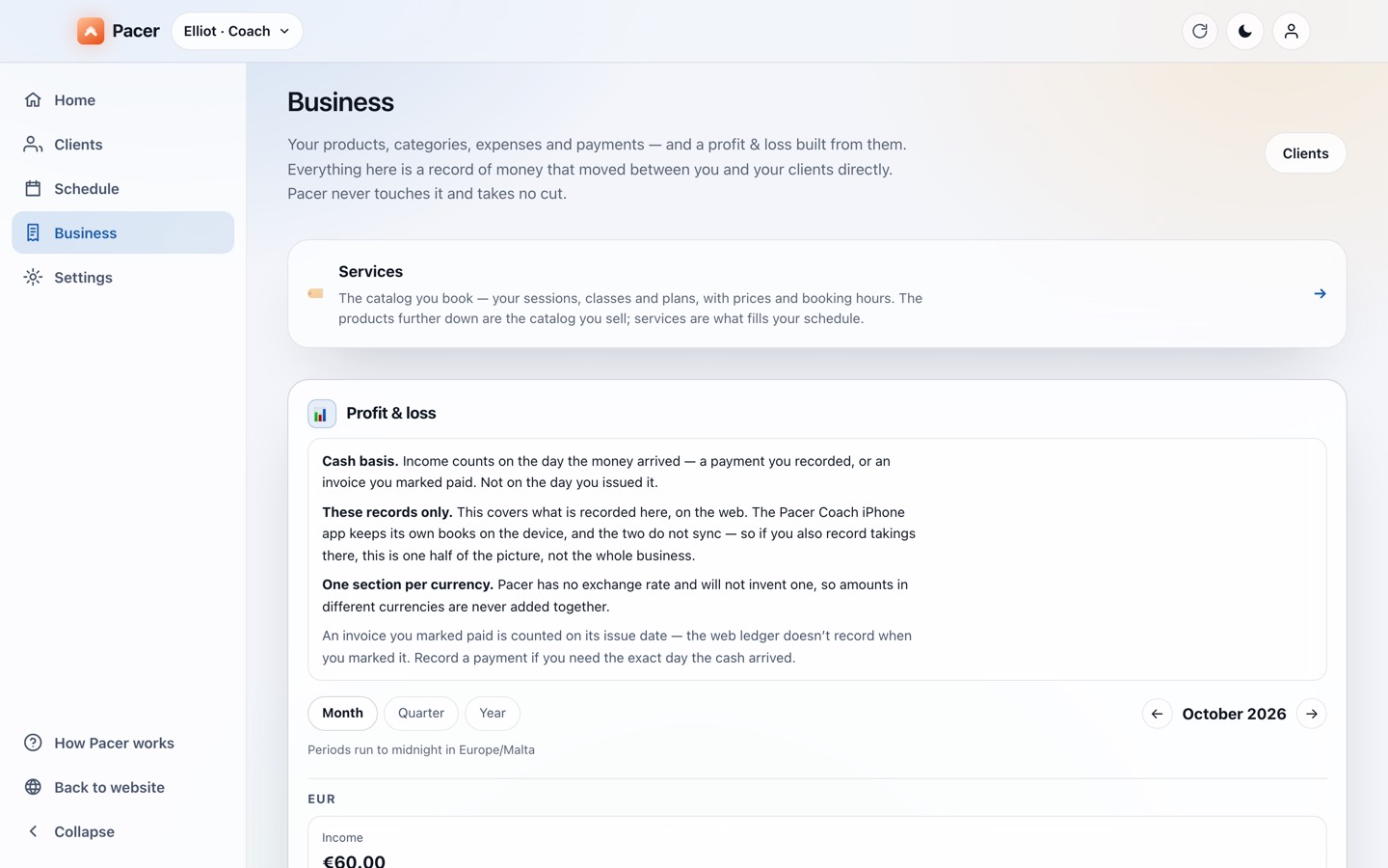 Pacer Coach's Business page on the web: a link to Services and a profit and loss section by month, quarter or year.