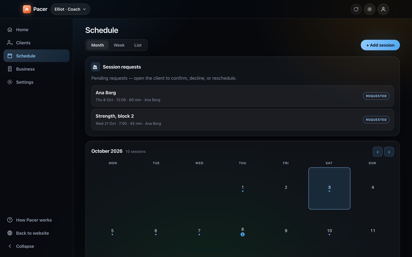 Pacer Coach's Schedule on the web: pending session requests above a month calendar for October 2026.