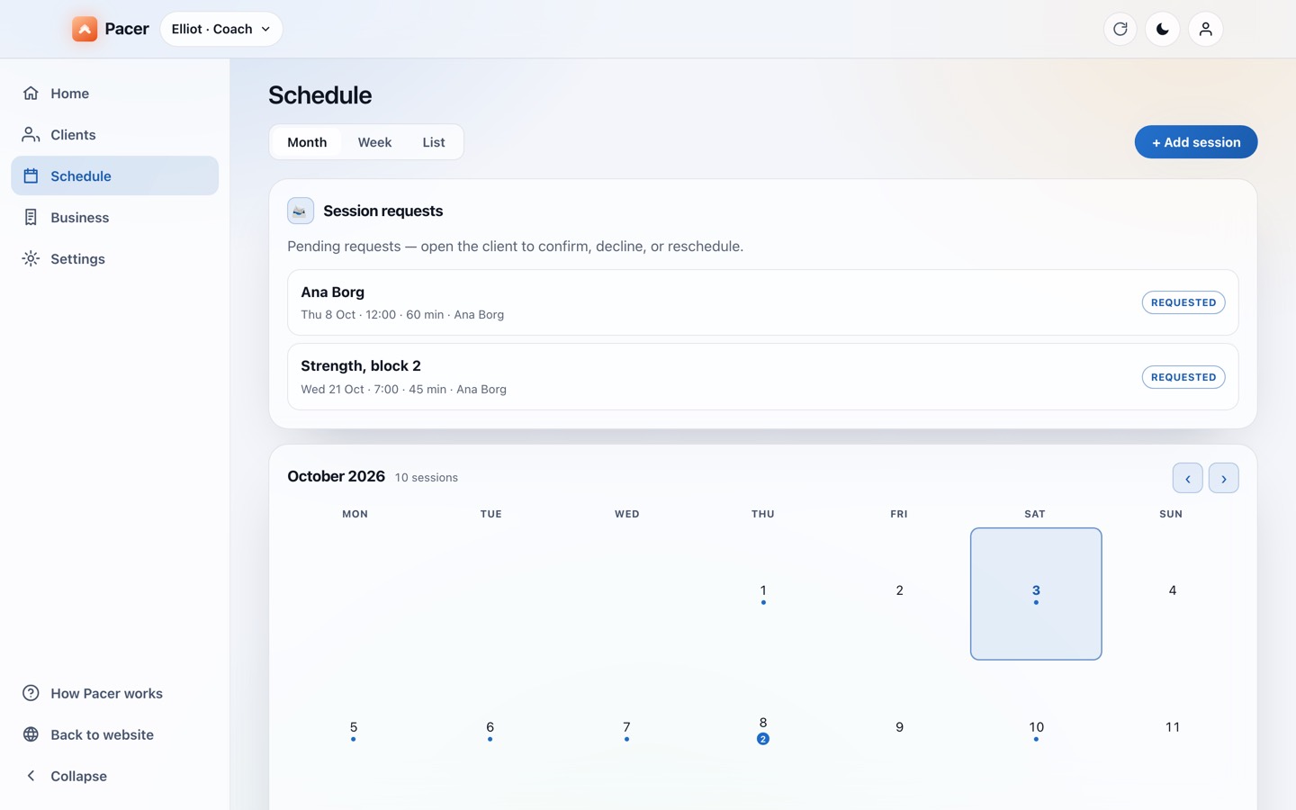Pacer Coach's Schedule on the web: pending session requests above a month calendar for October 2026.