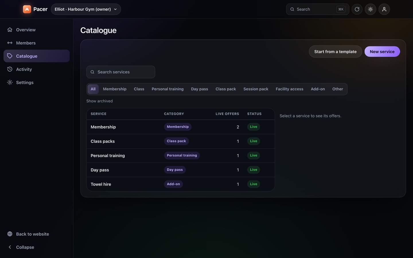 Pacer Gym's Catalogue on the web: a table of services with category, live offers and status, and category filters.