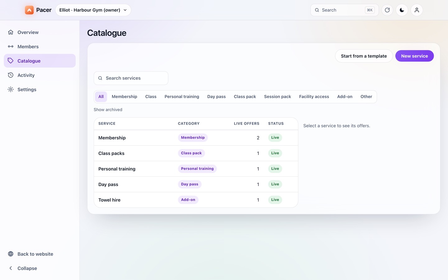 Pacer Gym's Catalogue on the web: a table of services with category, live offers and status, and category filters.