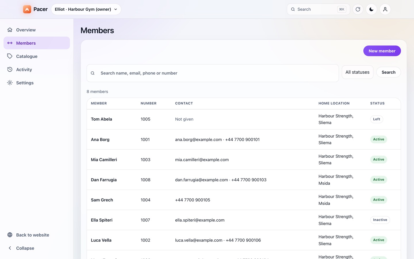 Pacer Gym's Members page on the web: a table of members with number, contact, home location and status.